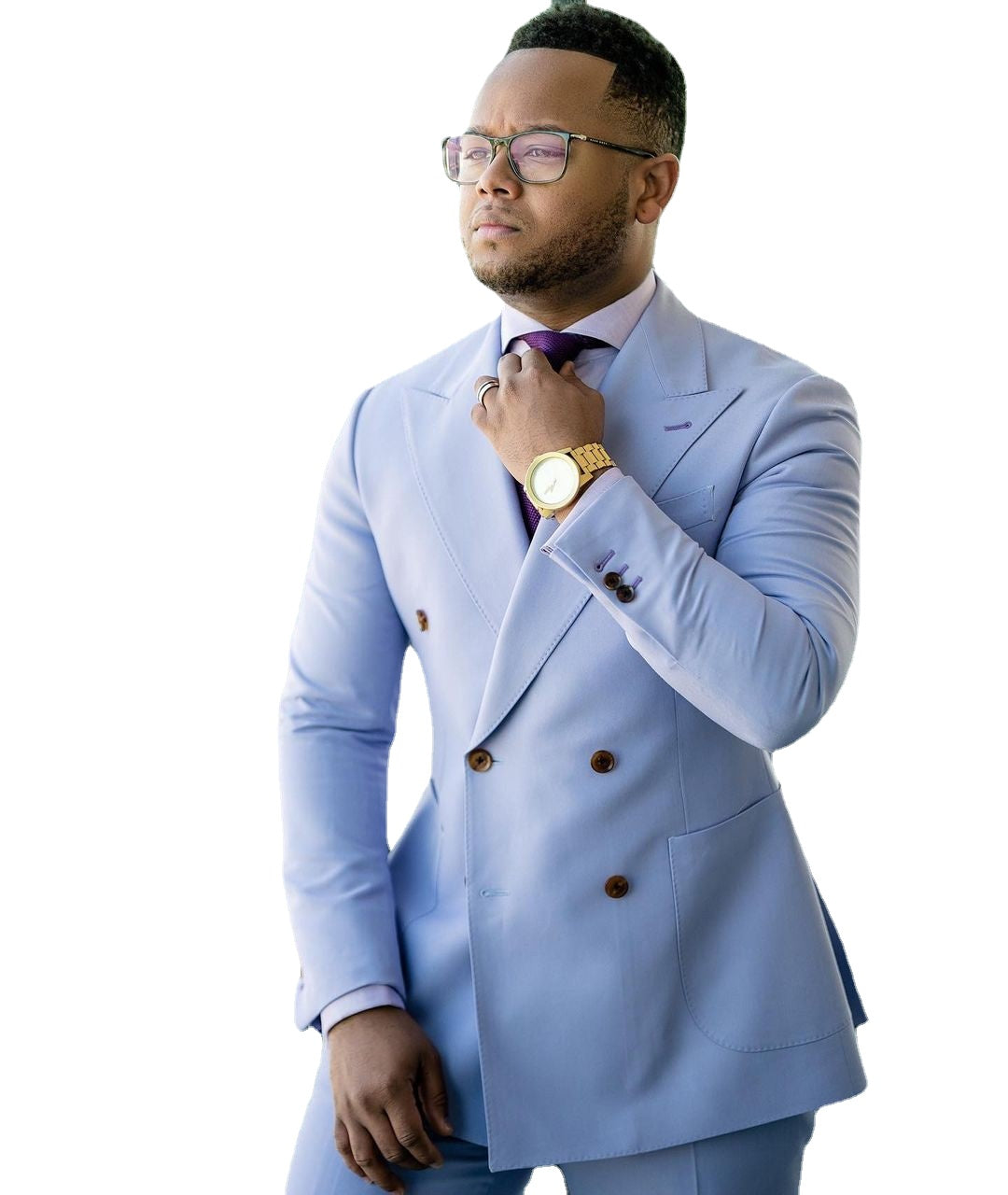 YiMinpwp Sky Blue Men Suits Peaked Lapel Double Breasted Business 2 P
