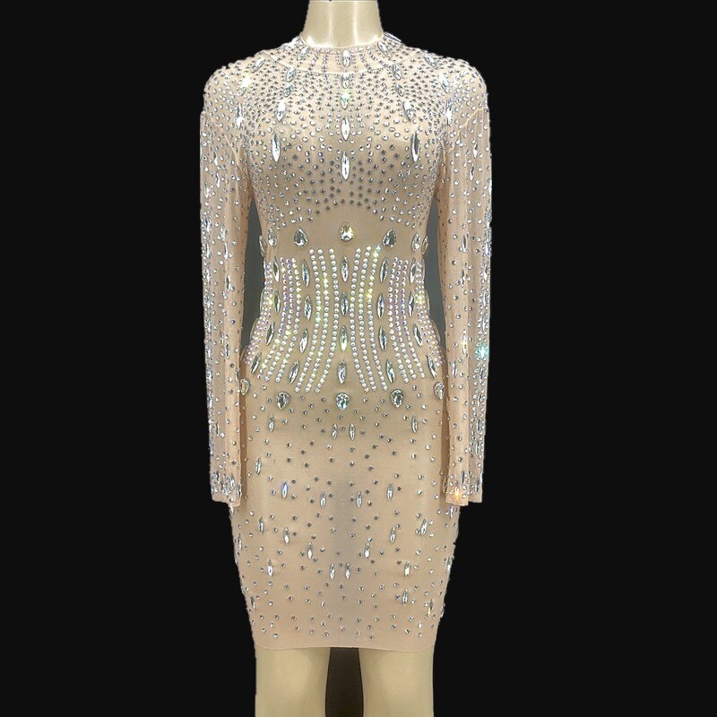 Nude See Through Mesh Silver Crystals Dress Women Birthday Celebrate Transparent Long Sleeve Prom Sexy Stones Costume