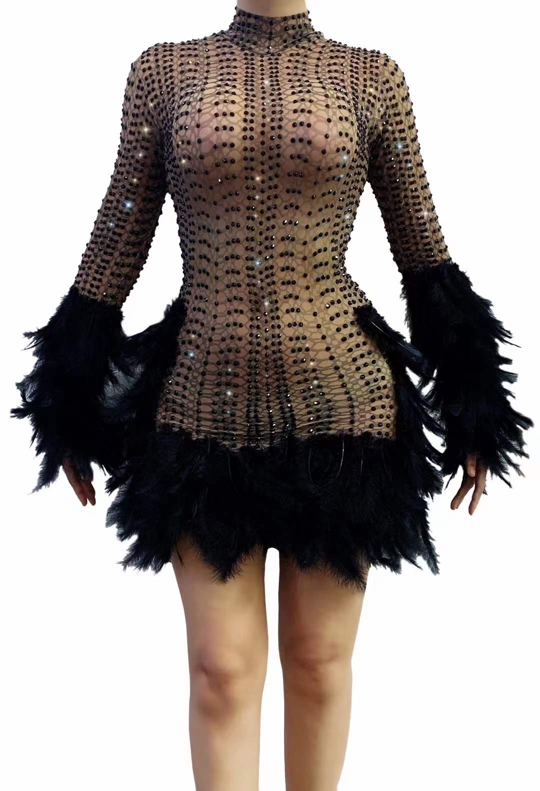 Birthday Dress Feather Black Rhinestone Sparkly Women Short Dresses Singer Dance Costume Queen Outfit Long Sleeve Stage Wear