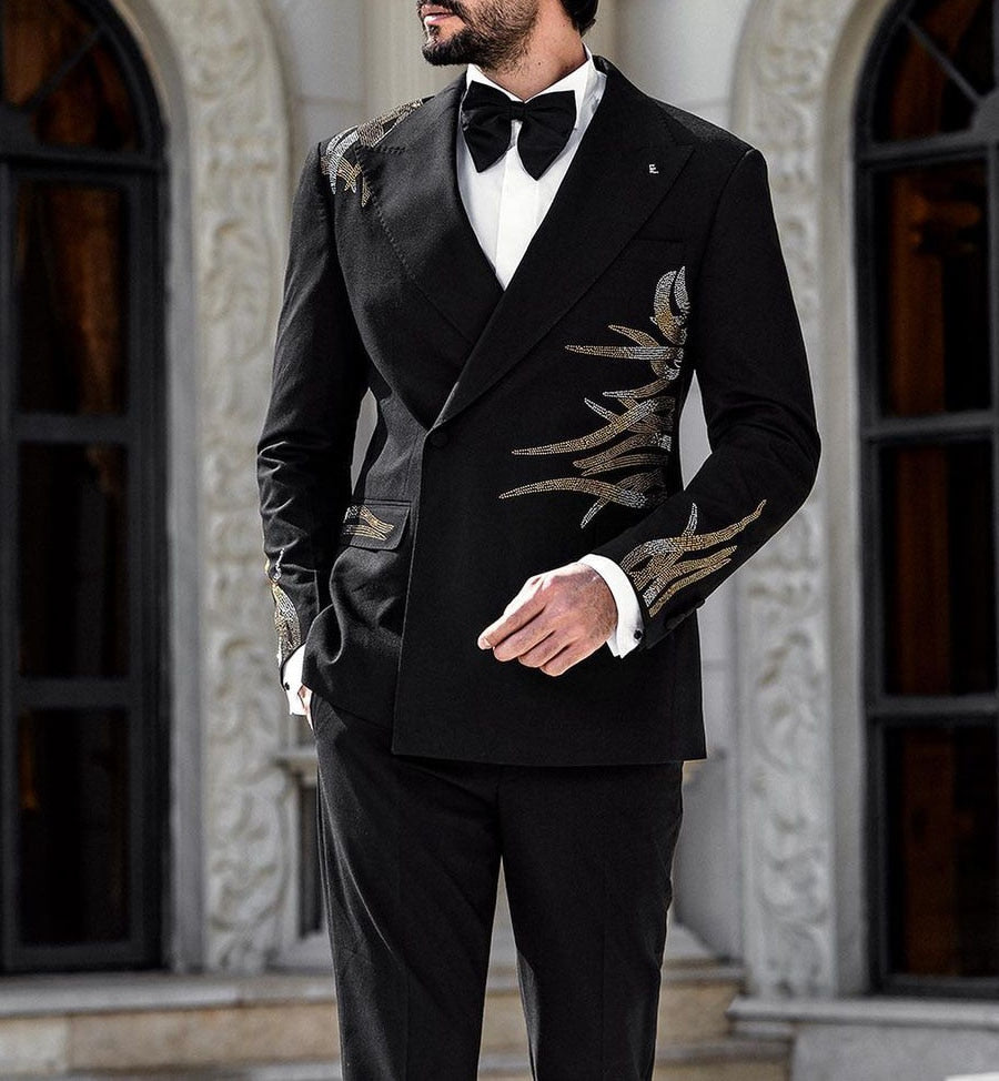 Black Handsome Business Men Suits With Beads Handmade Two Pieces Jack