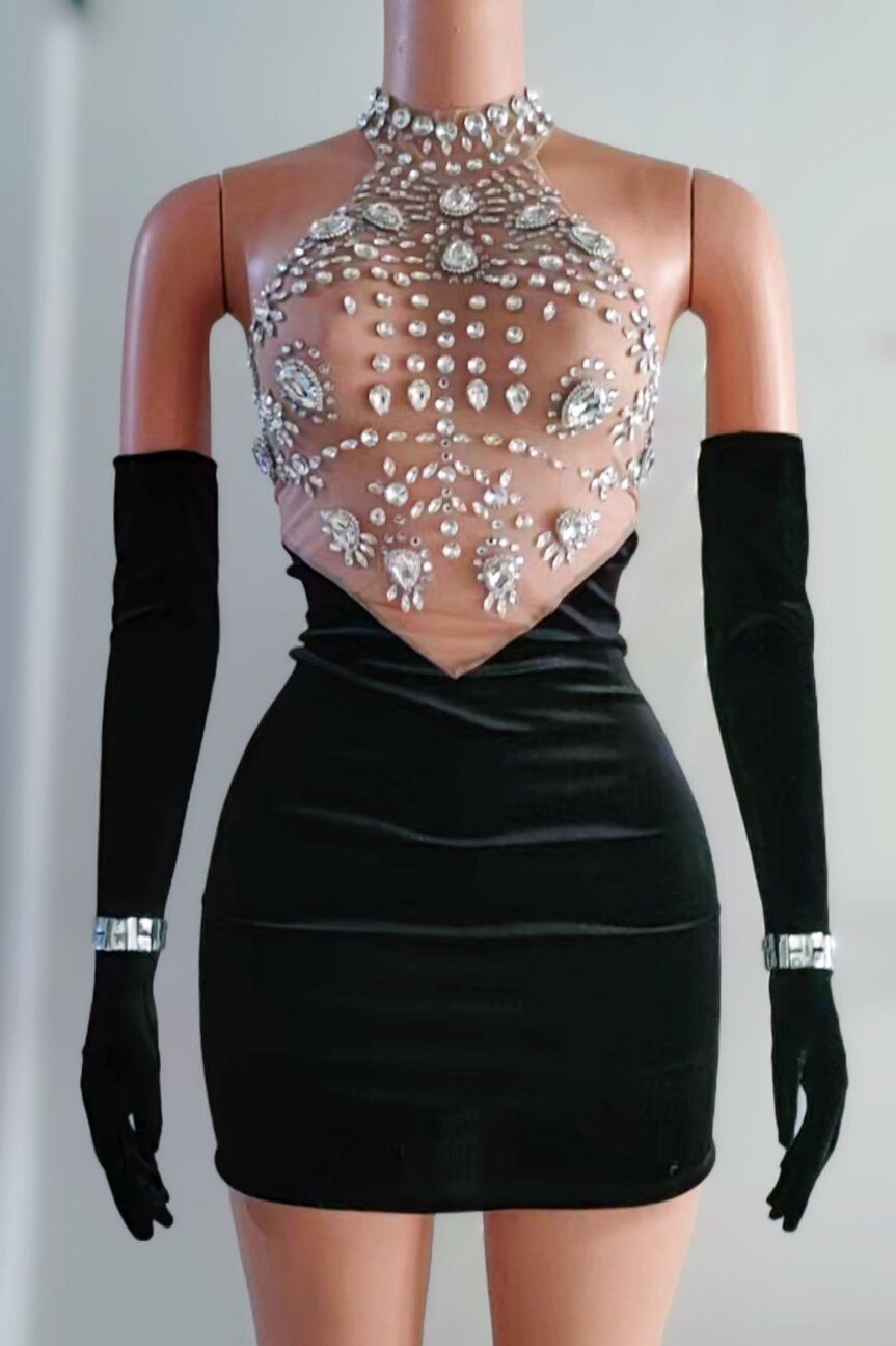 Black Velvet Crystals Gloves Sexy Rhinestones Transparent Dress Evening Dancer Outfit Birthday Celebrate Costume Dress zuanzuan