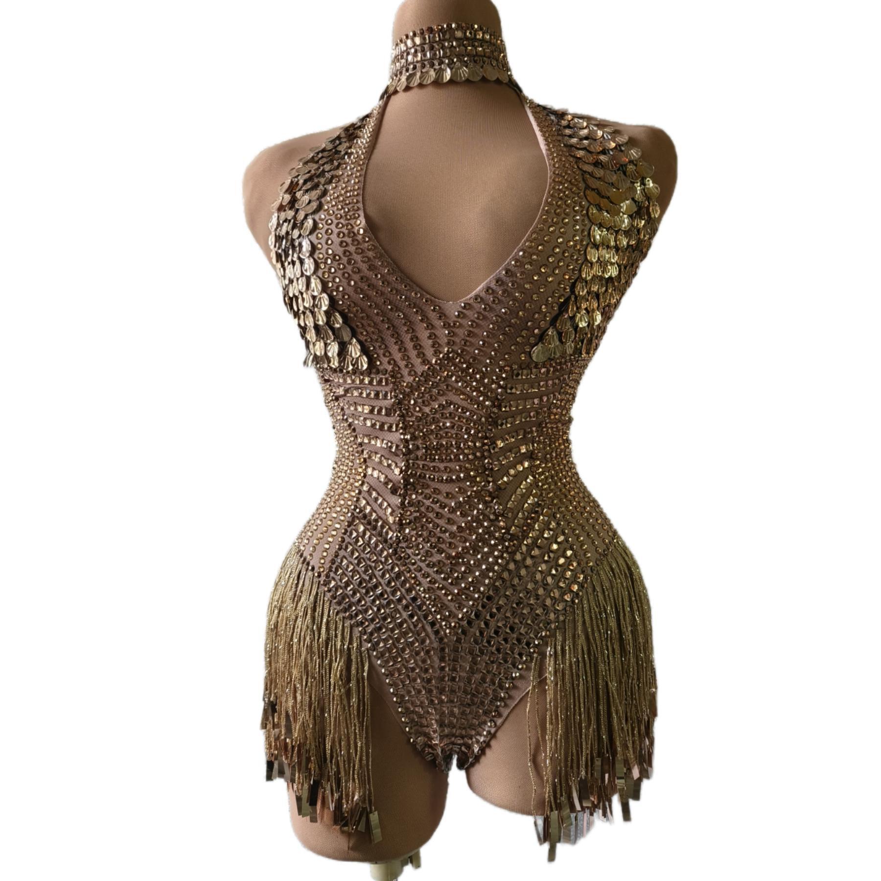 Bright Gold Sequin Crystals tassel Bodysuit Sexy Dance Costume Women Evening Celebrate Crystals Dresses Birthday Collections