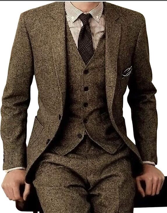 Brown Tweed Men Suits 3 Pieces Formal Business Suit Set Custom Gentle