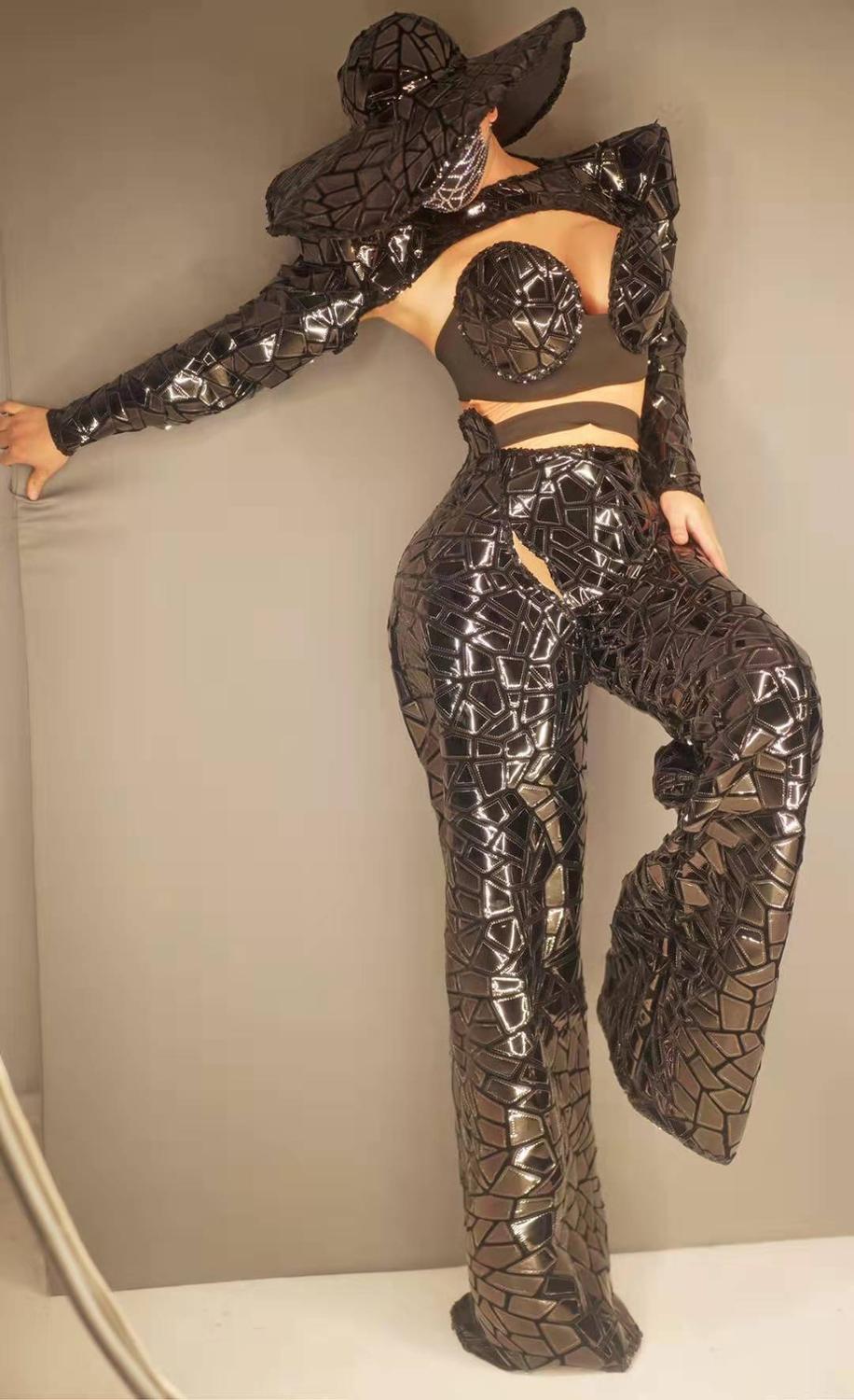 Designer Black Sequins Party Costumes Women Sexy Stretch Bodysuit + P