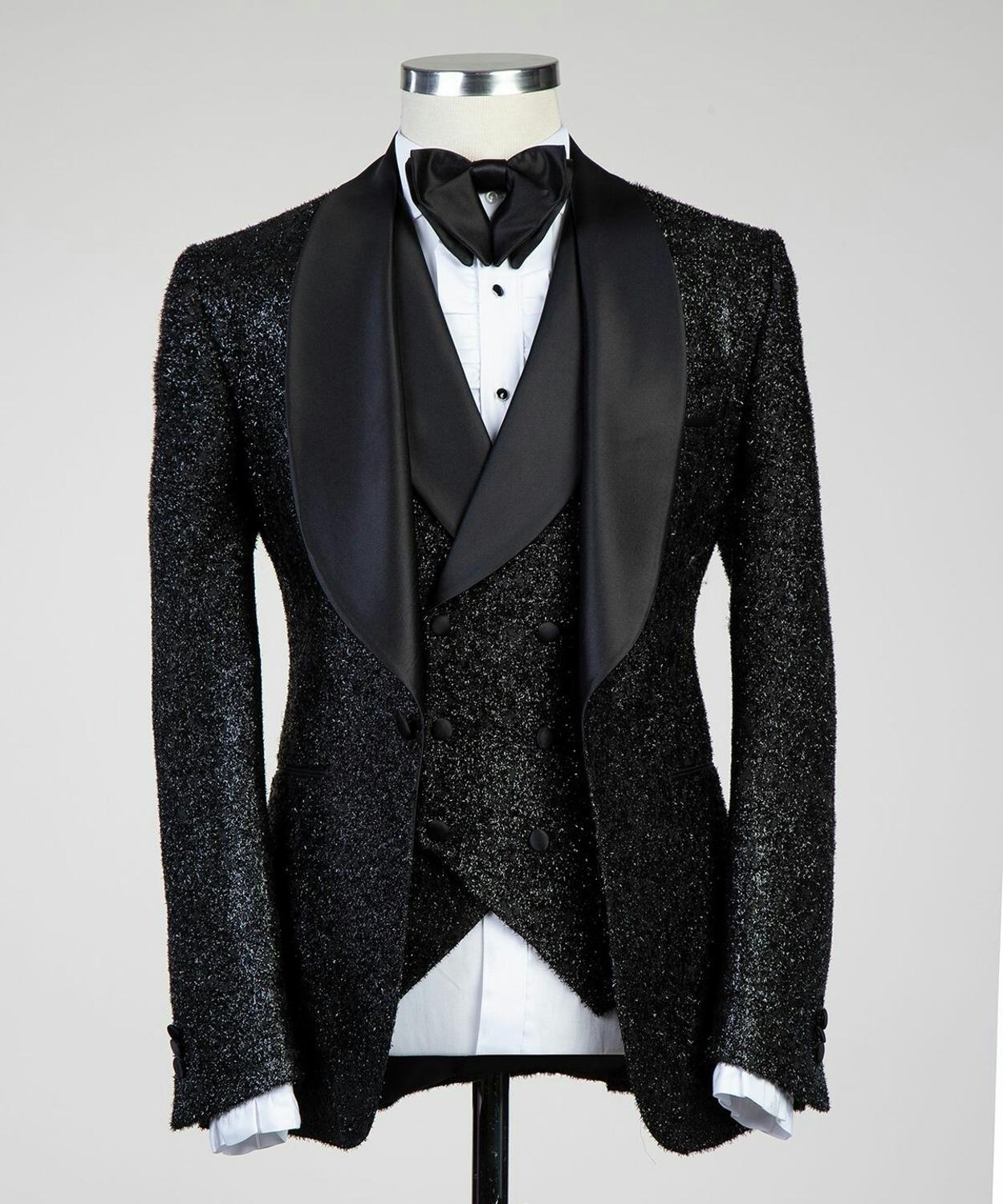Fashion Black Sequins Men Suits Three Pieces Shawl Lapel Designer Wed