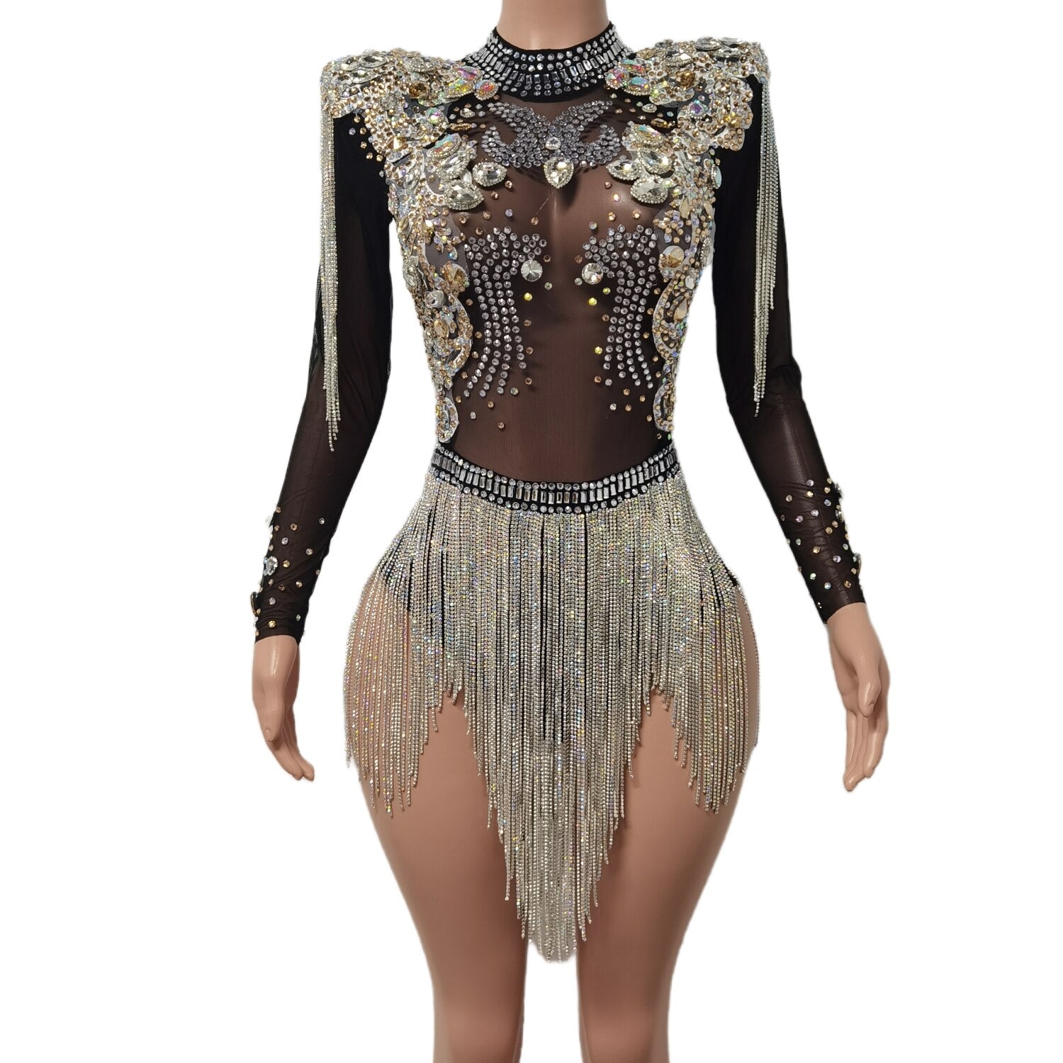 Gaun Bodycon Mewah Gaun Rumbai Berlian Imitasi Seksi Jumpsuit Pertunjukan Panggung Hitam Baju Monyet Wanita Gaun Pesta Ulang Tahun Kasual