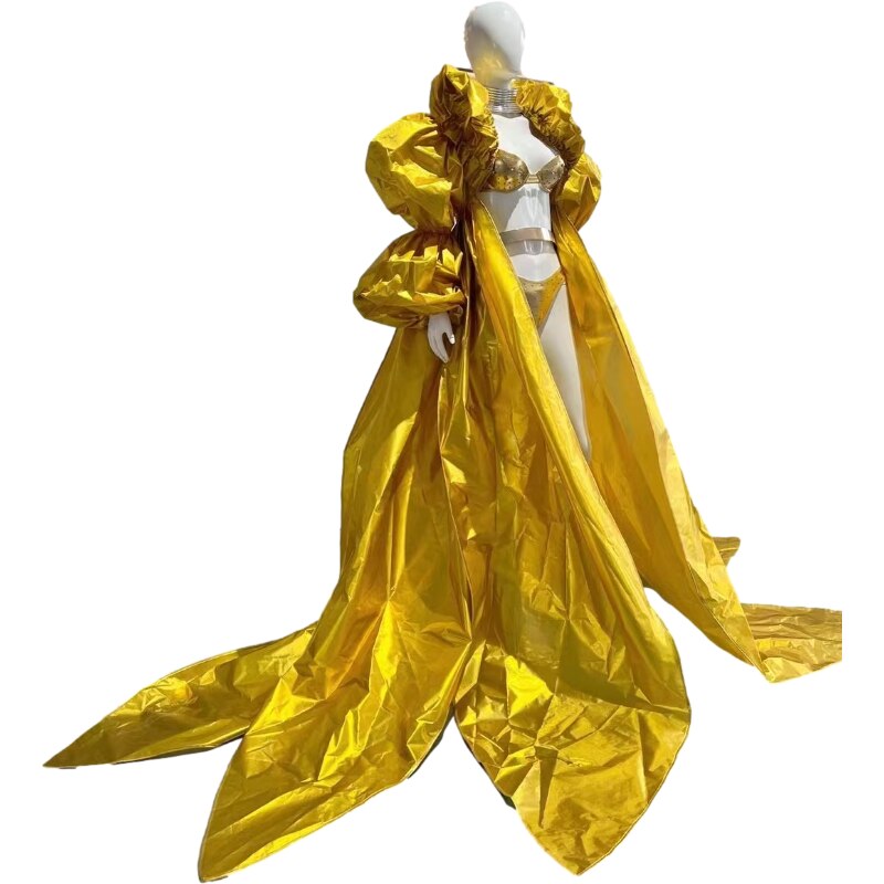 Gold Bikini Cloak dresses Singer  birthday Party Festival Evening Dresses Drag Queen luxury celebrity Costume