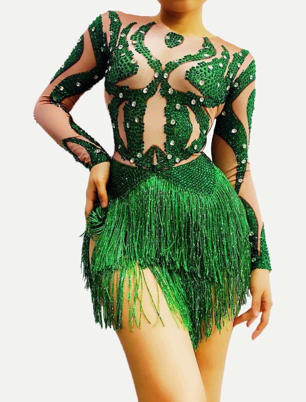 Green Rhinestone Fringe Spandex Bodysuit Birthday Celebrate Long Sleeves Outfit Bodysuit Women Dancer Singer Show Wear