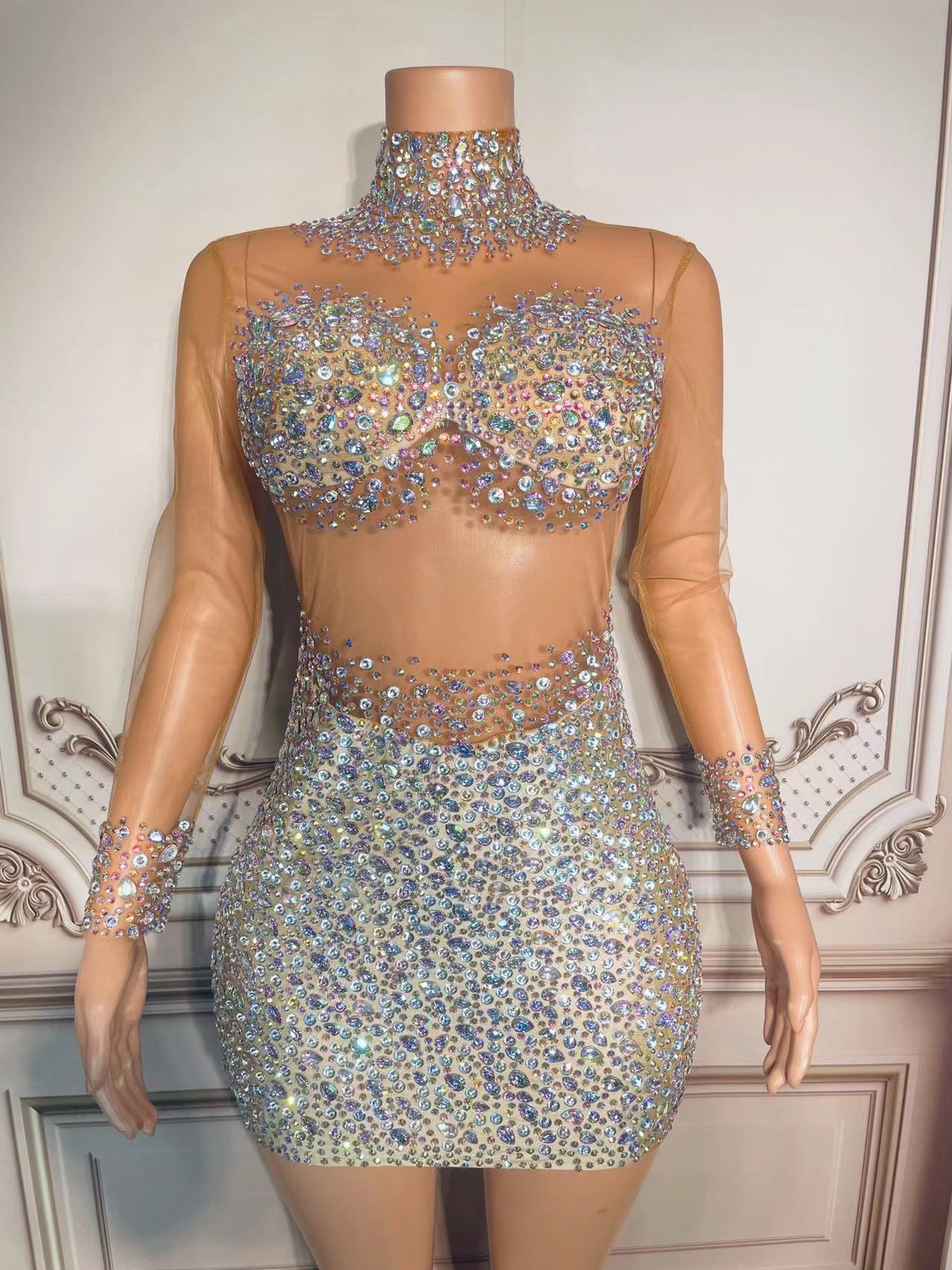 Luxurious AB Rhinestones Jumpsuit Sexy See Through Crystal Nightclub Party Birthday Bodysuit Performance Costume Show Stage Wear