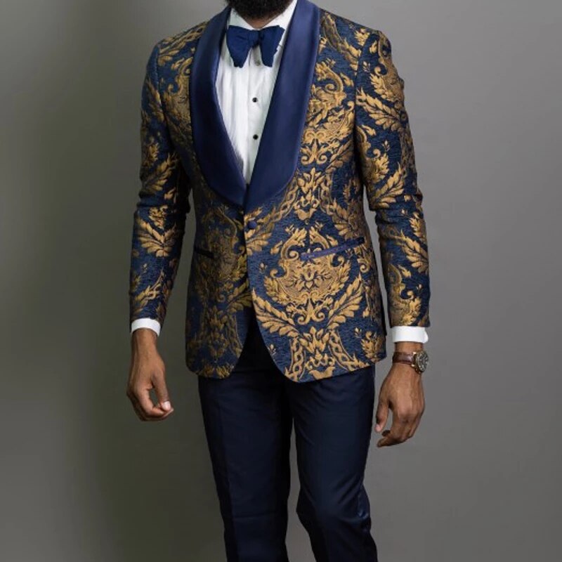 Navy Blue Floral Jacquard Prom Men Suit for Wedding 2 Piece Slim Fit
