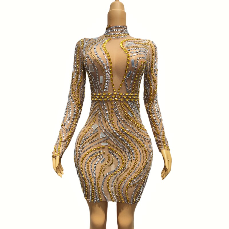 New Gold Silver Pearls Rhinestones Mirrors Stretch Transparent Dress Evening Birthday Celebrate Outfit Sexy Dancer Costume