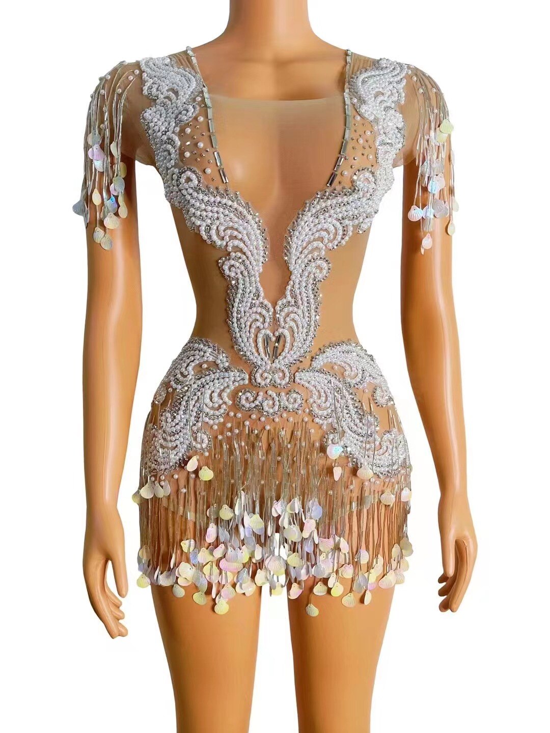 Nightclub Silver Sequins Fringes Pearls Crystals Evening Bodysuit See Through Birthday Party Celebrate Fringes Costume Outfit