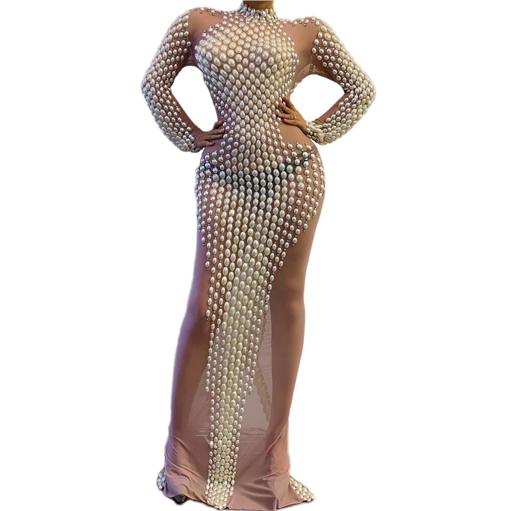 Nude Perspective Pearls Long Sleeves Sexy Split Dress for Women Banquet Evening Cloth Stage Entertainer Singer Costumes