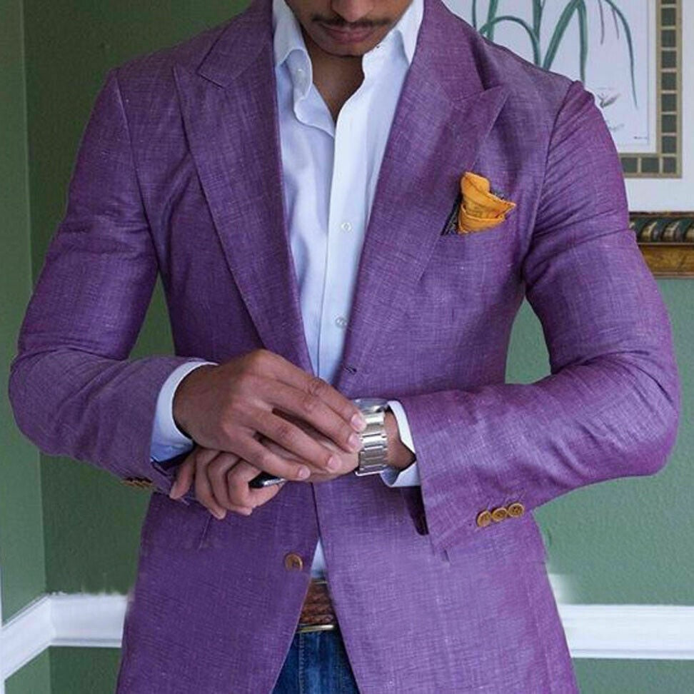 Purple Men's Linen Summer Beach Jacket Suits Slim Fit Suits For Men T