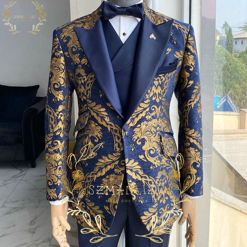 Latest Design Smoking Navy Blue Gold Floral Blazer Men Suits 3 Piece Groom Tuxedos for Wedding Custom Terno Masculino