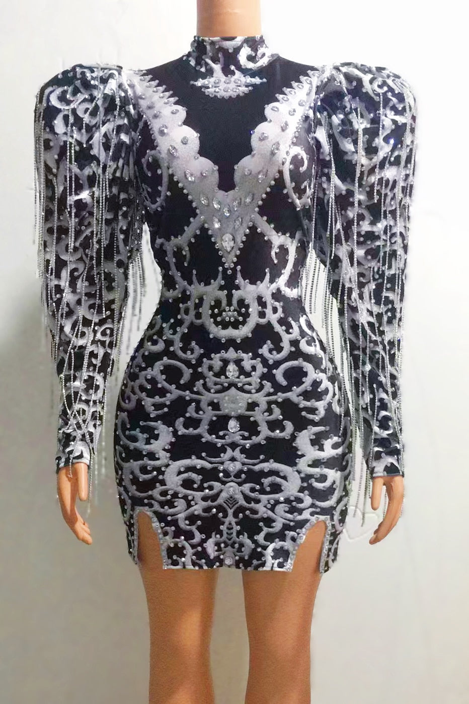 Sexy Black White Rhinestones Big Sleeves Dress Outfit Party Costume Evening Celebrate Chains Fringes Dress  Dancer