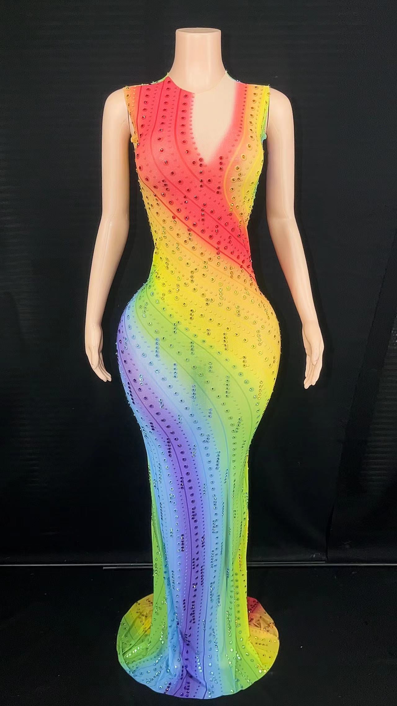 Sexy Colorful Mesh Transparent Celebrate Evening Prom Gown Birthday Dress Women Sparkly Rhinestones Sleeveless Photography Dress
