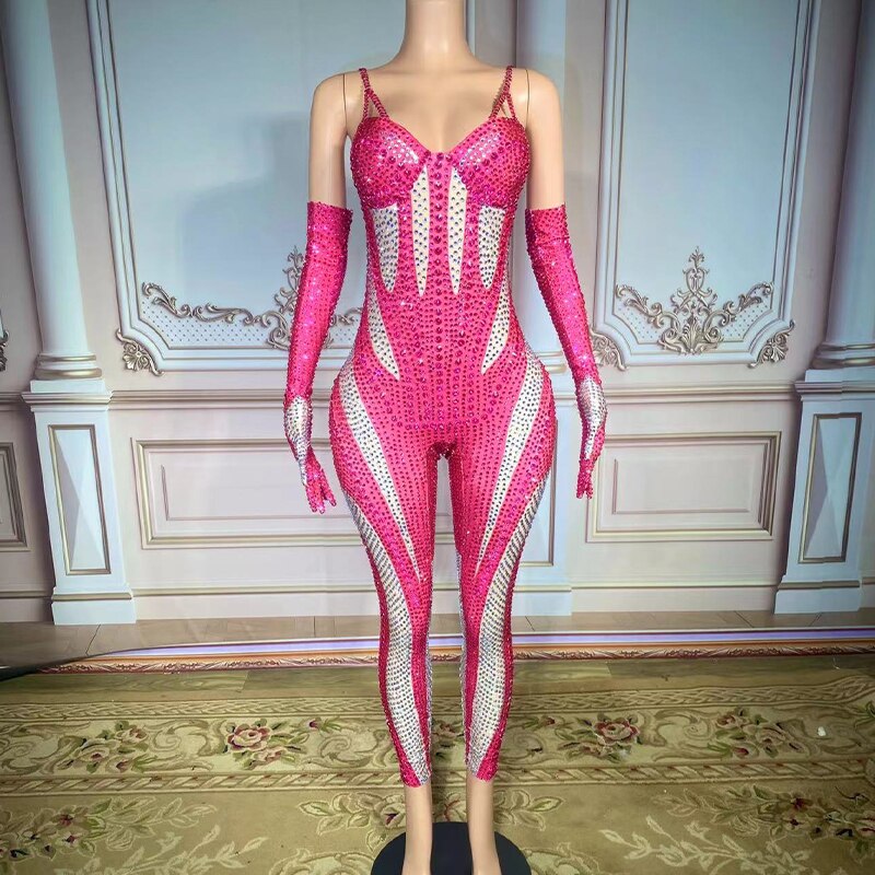 Sexy Luxurious Full Rhinestones Jumpsuit With Gloves Birthday Prom Club Party Outfit Dancer Rompers Performance Host Stage Wear