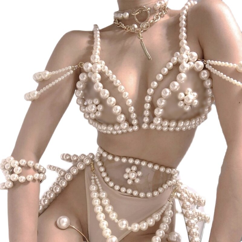 Sexy Pearl Bikini Suit Women Nightclub Pole Dance Performance Costume Bar Ds Gogo Stage Rave Outfit Party Dancer Clothes
