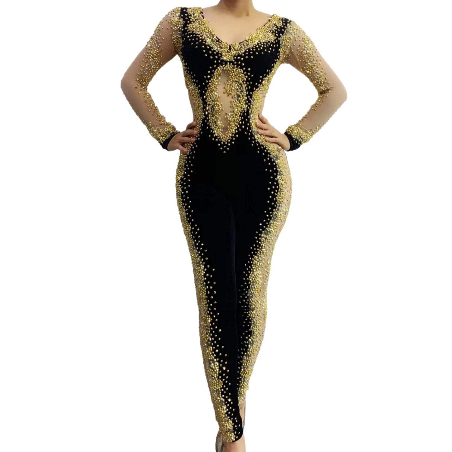 Sexy Rhinestones Jumpsuit Women Stage Outfit Female Singer Golden Rhi