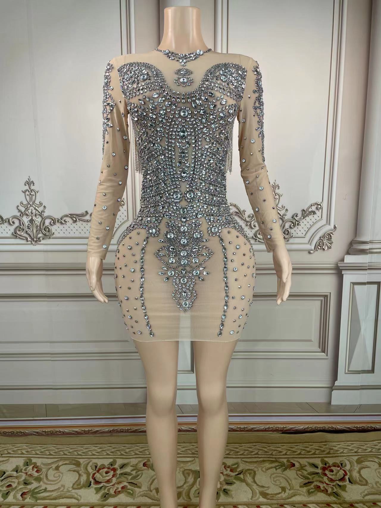 Sexy Sparkly Rhinestone Fringe Transparent Chains Short Dress Women B