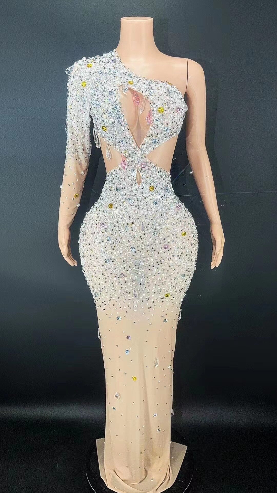 Sexy Sparkly Rhinestones Colorful Dress Mesh Transparent Photoshoot S