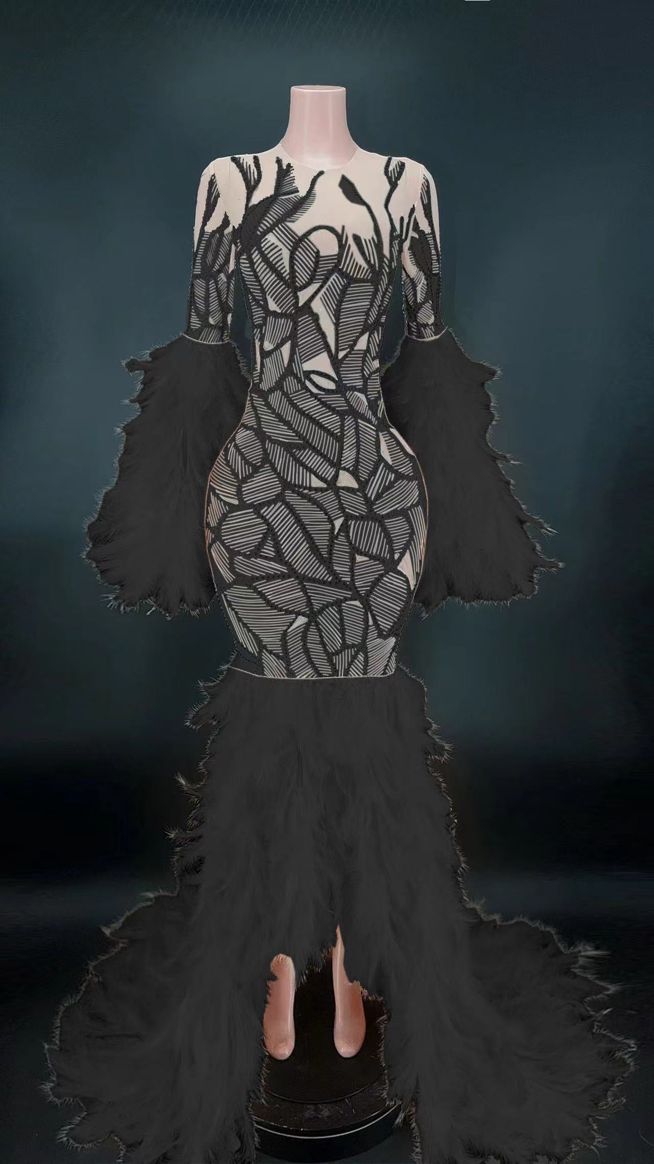 Sexy Sparkly Rhinestones Feather Long Tail Festival Dress Mesh Transparent Celebrate Evening Club Prom Gown Birthday Host Dress