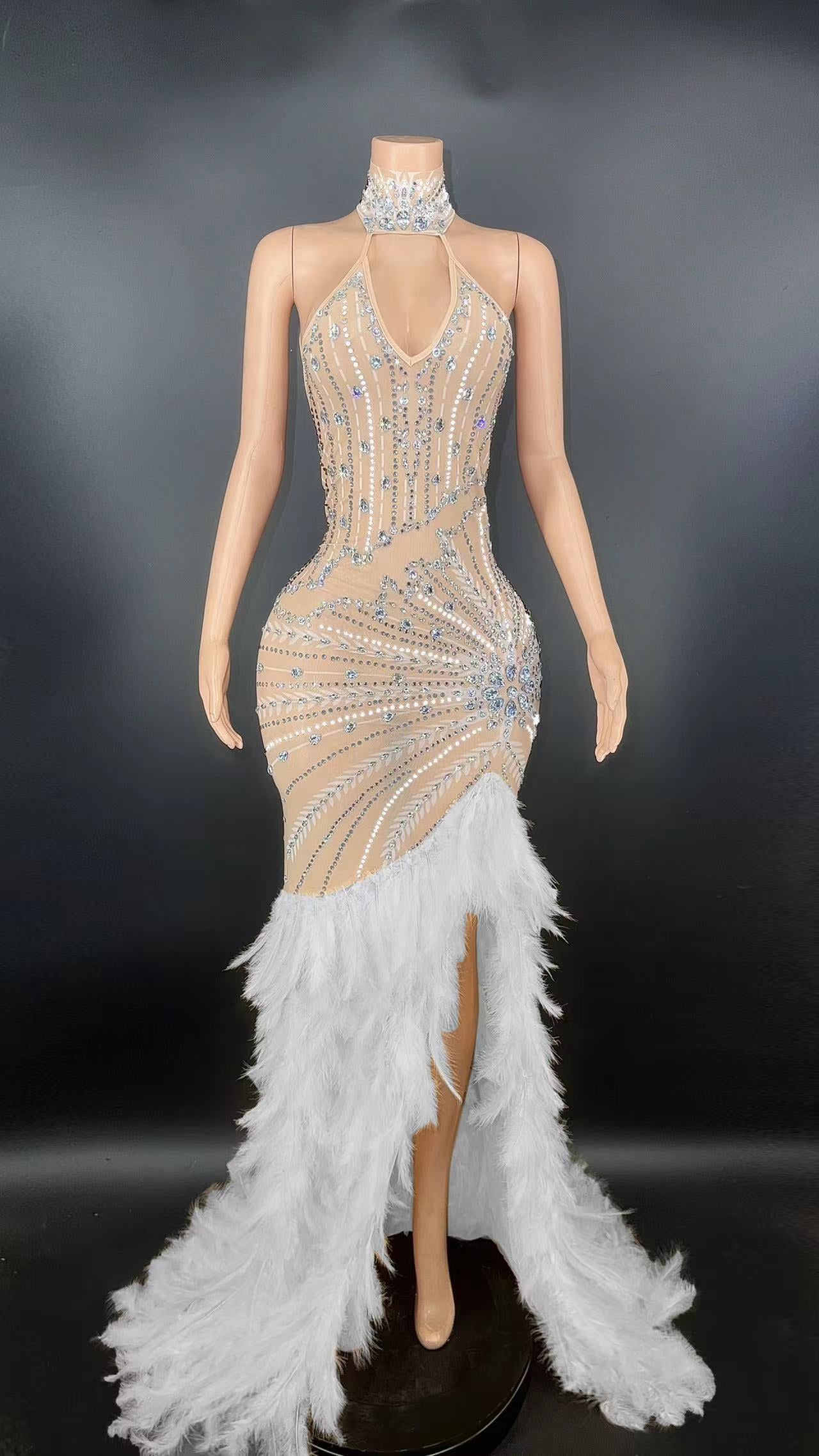 Sexy Sparkly Rhinestones Long Feather Tailing Dress Women Evening Bir
