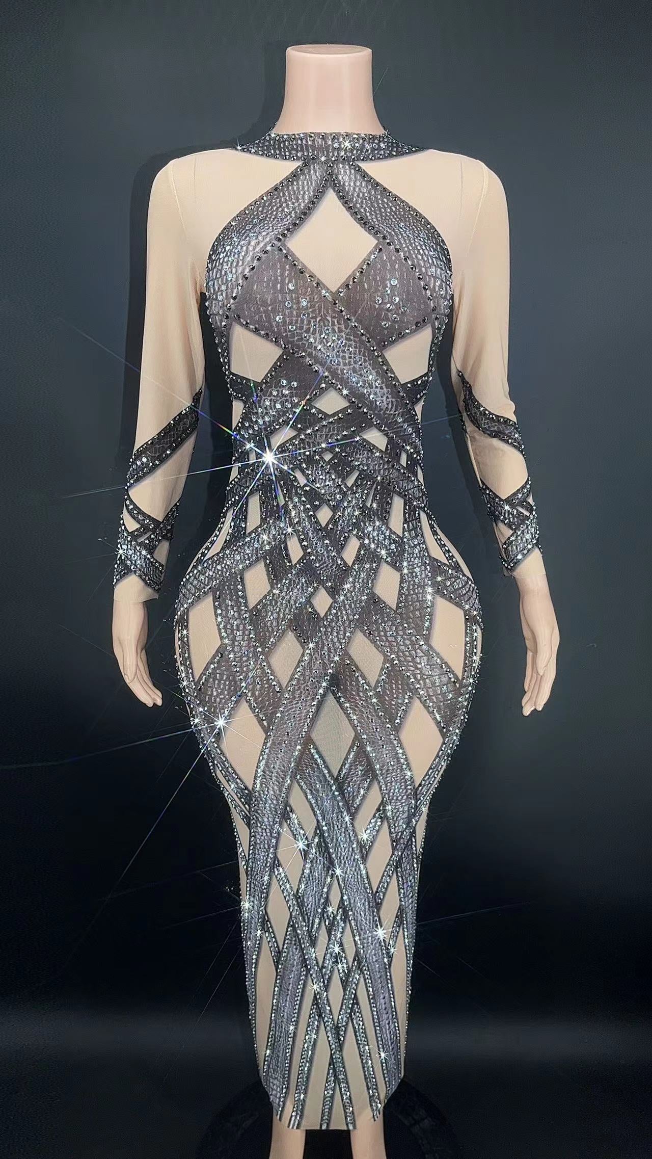 Sexy Sparkly Silver Rhinestones Long Sleeves Mesh Perspective Dress Birthday Celebrate Nightclub Singer Performance Dress