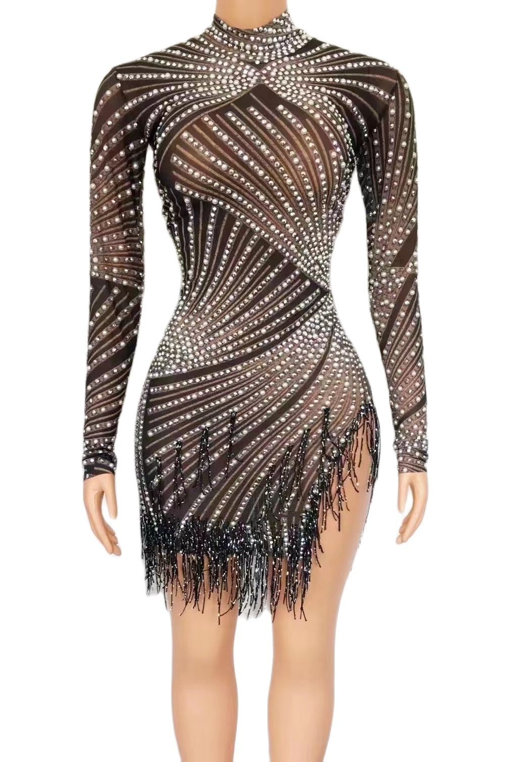 Sexy Stage Pearls Fringes See Through Tassel Dress Evening Birthday C