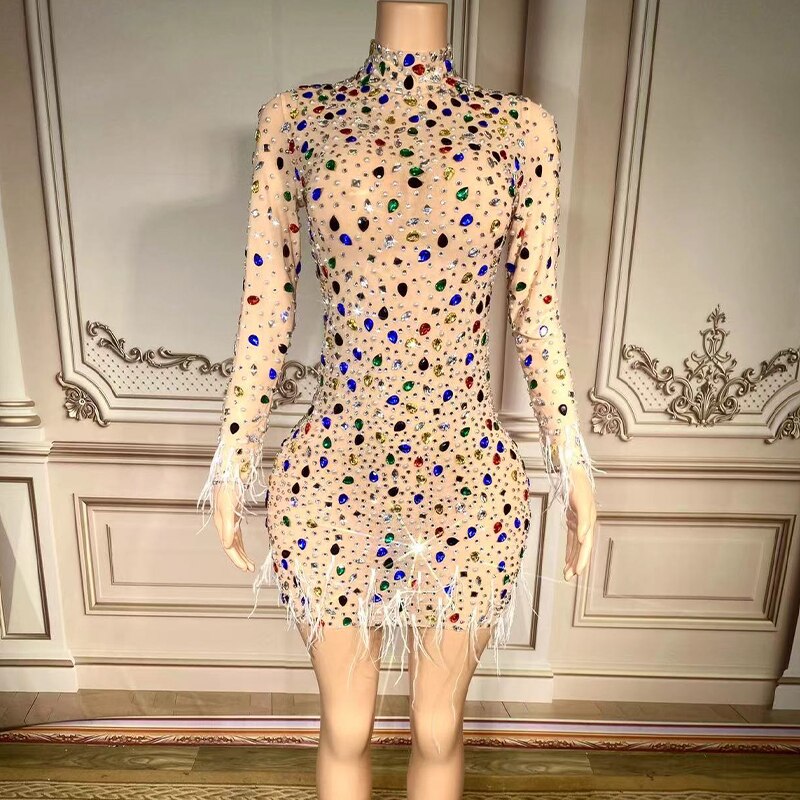 Sexy Stage Sparkly Colorful Rhinestones Mesh See Through Short Feather Dress Women Prom Party Evening Celebrate Birthday Dress