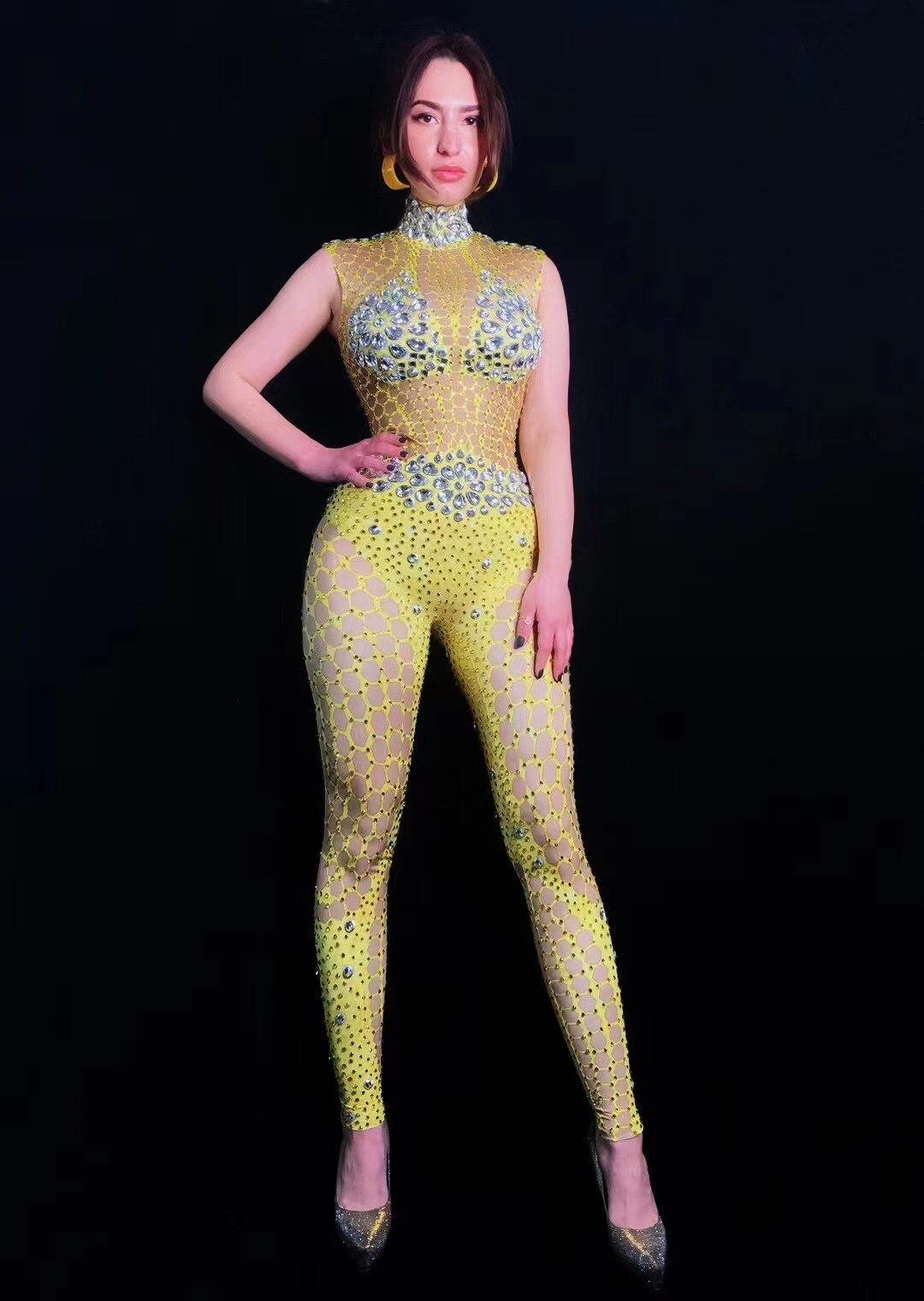 Sexy Stage Sparkly Rhinestones Yellow Jumpsuit Nigntclub Outfit Dance