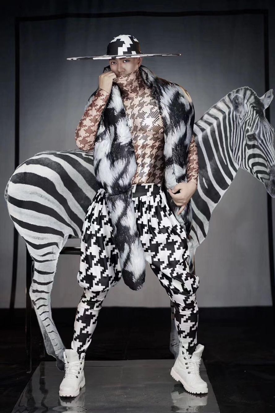 Sexy zebra Bodysuit Performance Costume sets Bar night club Jumpsuit