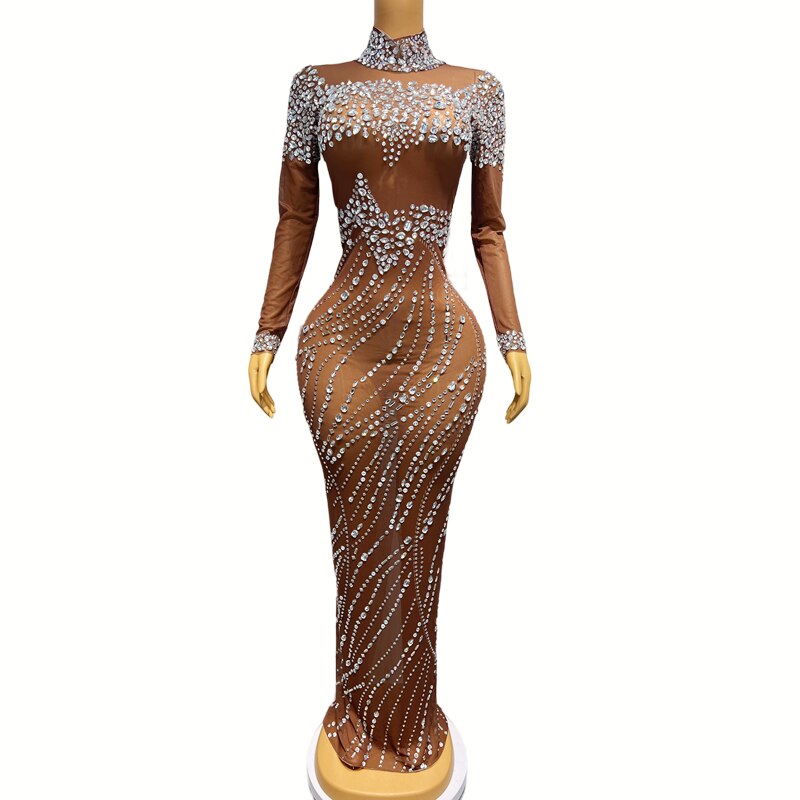 Silver Crystals Sexy Brown Mesh Stretch Long Dress Costume Stage Performance Outfit Pattern Birthday Wear