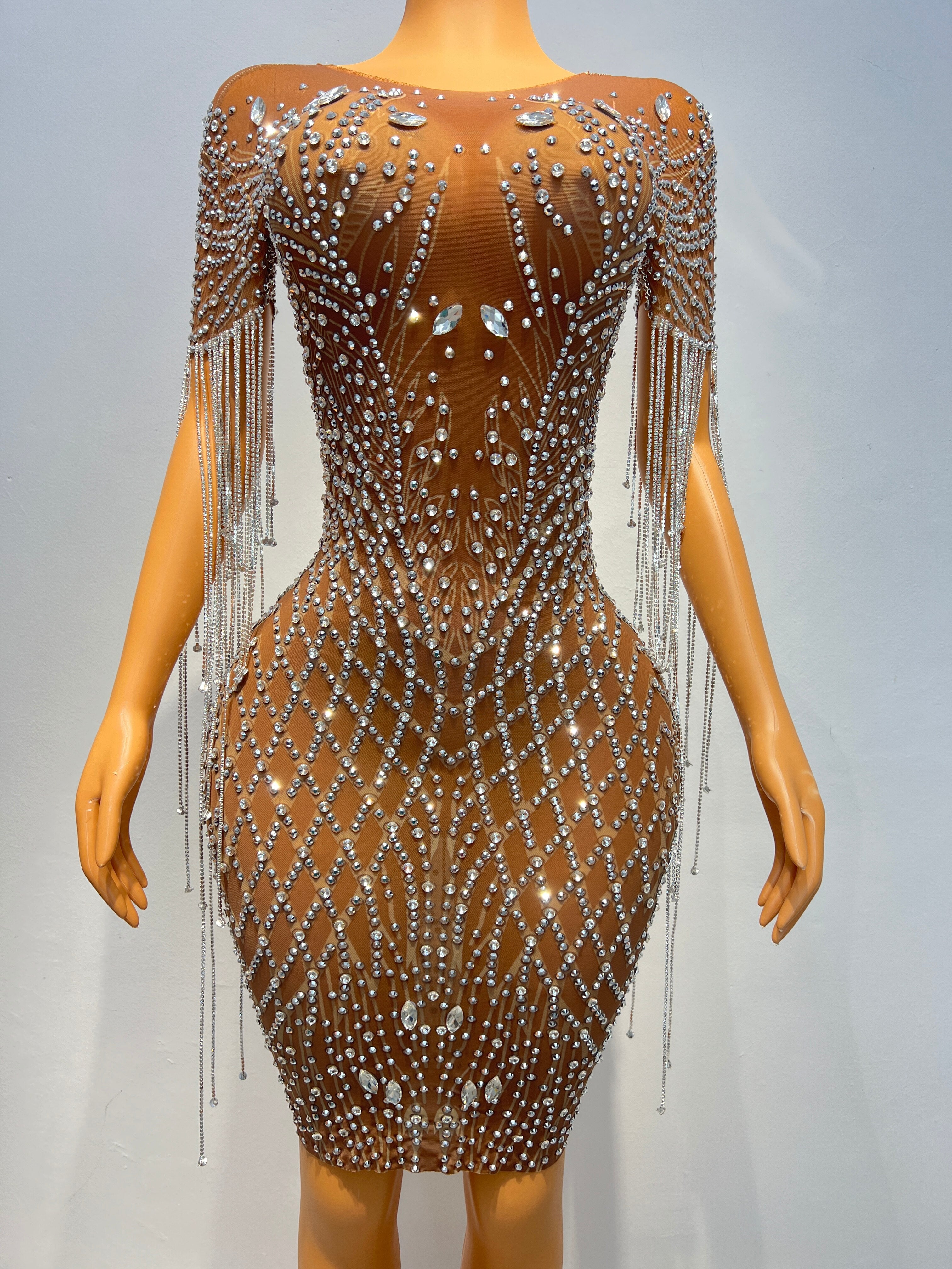 Silver Rhinestones Fringes Transparent Brown Mesh Stretch Dress Evening Birthday Celebrate Outfit Sexy Performance Costume
