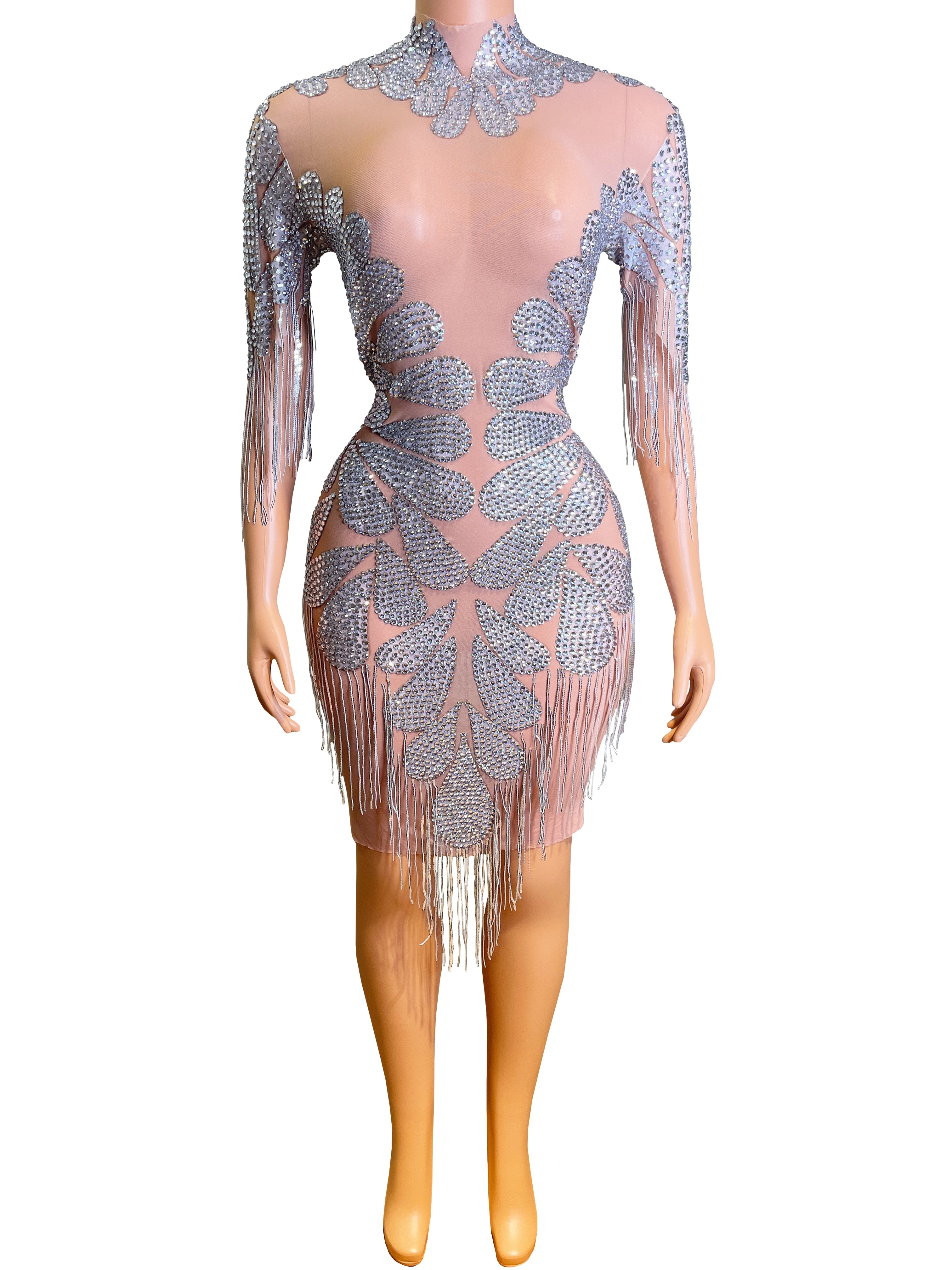 Silver Rhinestones Transparent Nude Stretch Fringes Dress Evening Birthday Celebrate Outfit Dance Performance Costume huaban