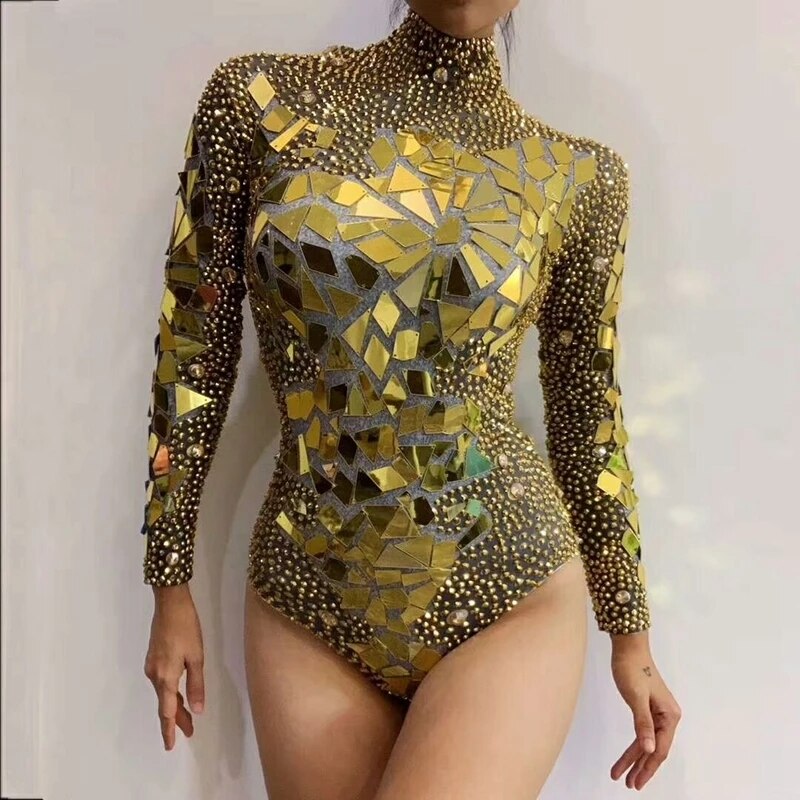 Singer Dancer Show Performance Costume Gold Rhinestones Mirror Bodysu