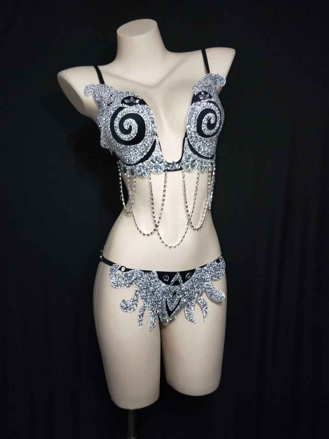 Sparkling Silver Rhinestone Tassel Bikini Outfit Sets Women Sexy Crys