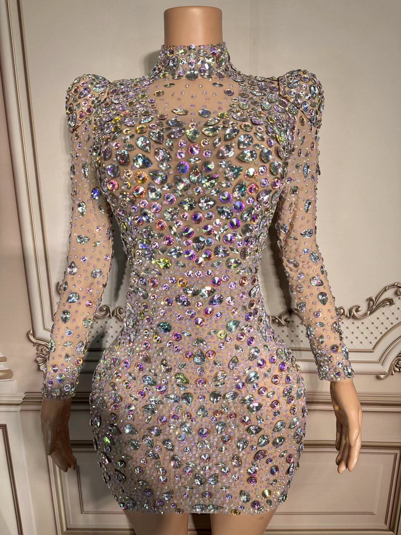 Sparkly AB Rhinestones Crystal Sexy Mesh See Through Short Dress Prom
