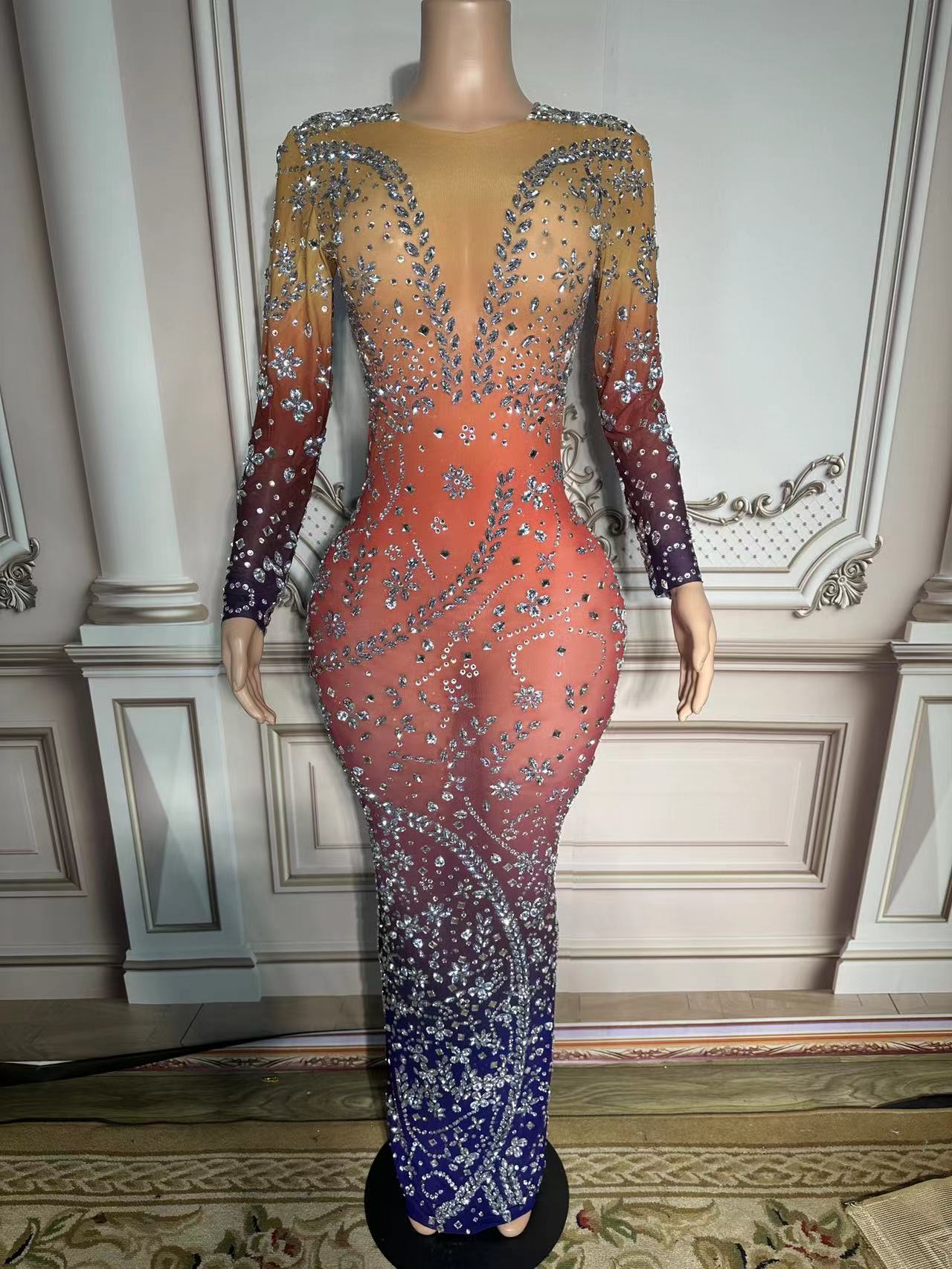 Sparkly Colorful Rhinestones Crystals Long Dress Women Sexy Stage Mes