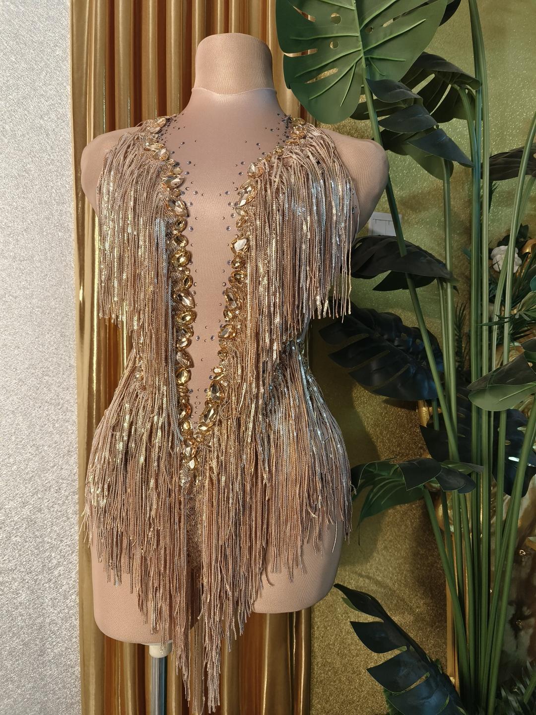 Sparkly Crystals Fringes Bodysuit Sexy Tassel Leotard Jazz Dance Cost