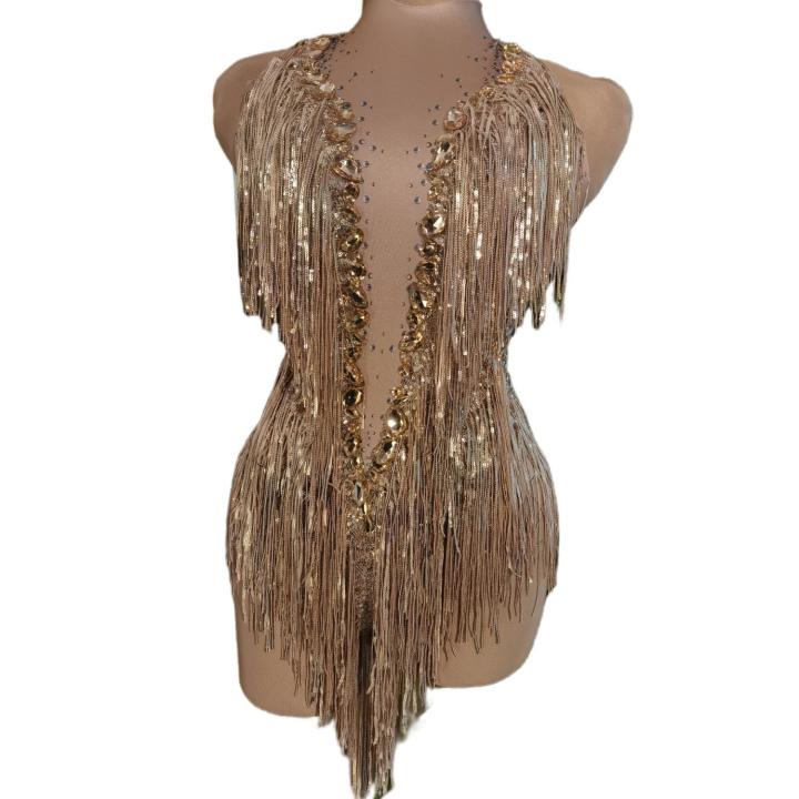 Sparkly Crystals Fringes Bodysuit Sexy Tassel Leotard Jazz Dance Cost