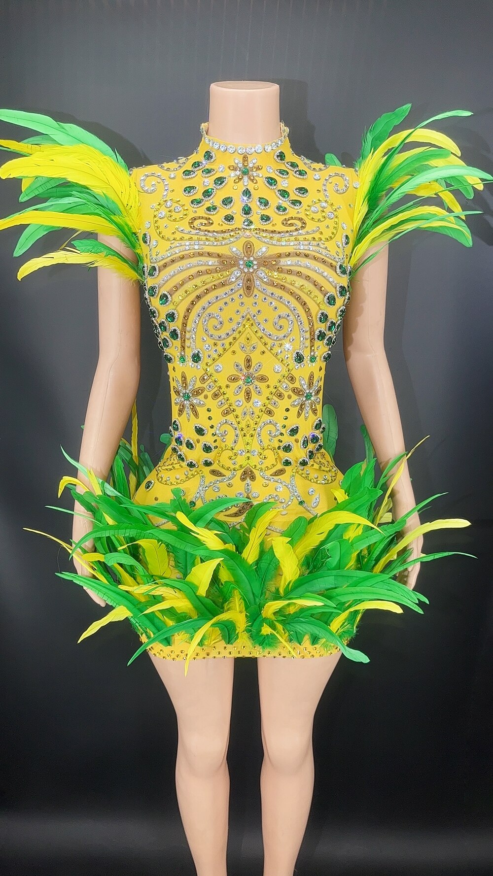Sparkly Rhinestones Crystal Feather Dress Sexy Mesh Transparent Bodycon Short Dress Birthday Celebrate Dress Festival Stage Wear