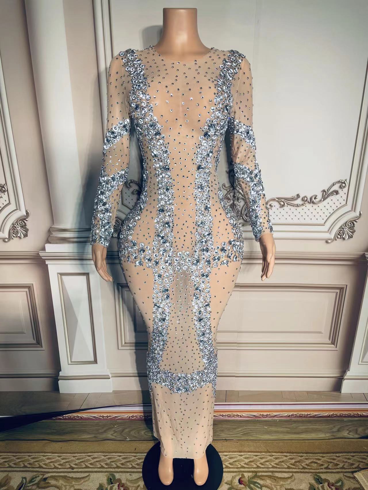 Sparkly Rhinestones Crystal Long Dress Sexy Stage Nude Mesh Transpare