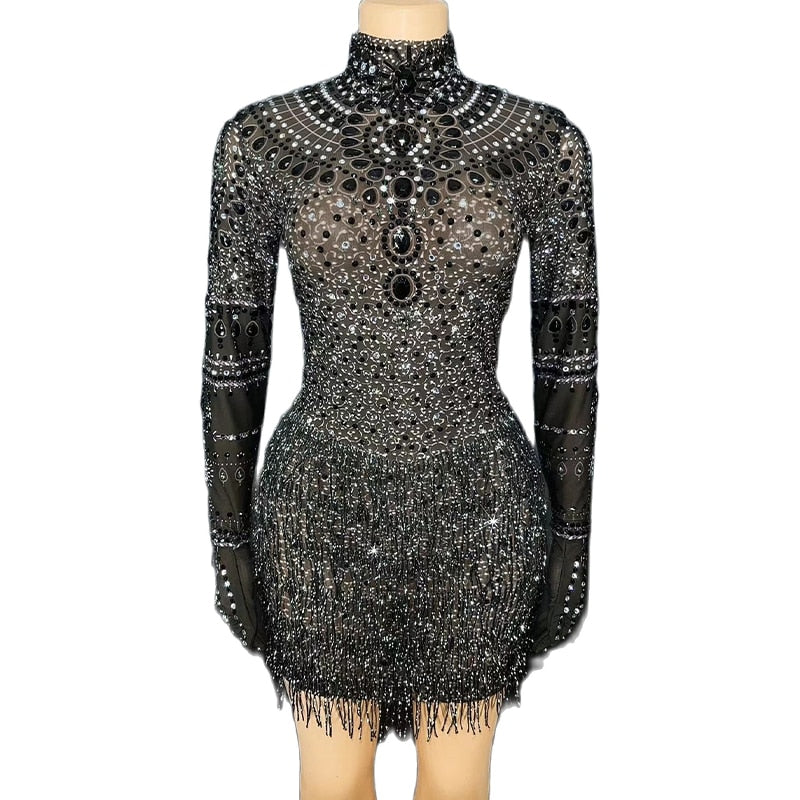 Sparkly Rhinestones Fringes Short Dress with Gloves Sexy Evening Prom