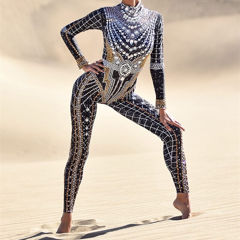 Sparkly Rhinestones Jumpsuit Women Long Sleeve Spandex Nightclub Prom Party Outfit Singer Dance Performance Costume Stage Wear