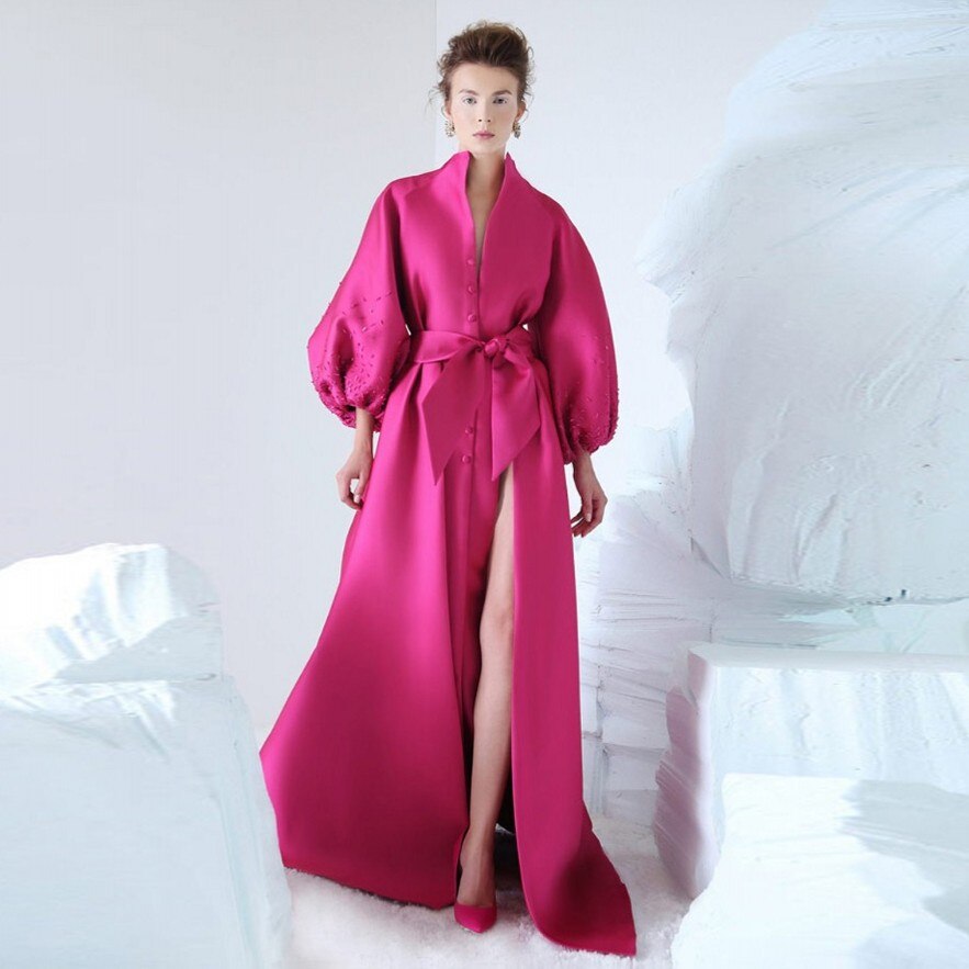 Special Designed 2019 Spring Prom Gowns Flare Sleeves Pleated Fuchsia