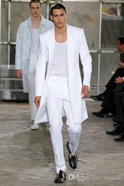Summer Long Jacket White Trousers Groom Tuxedos Wedding Suits for Men