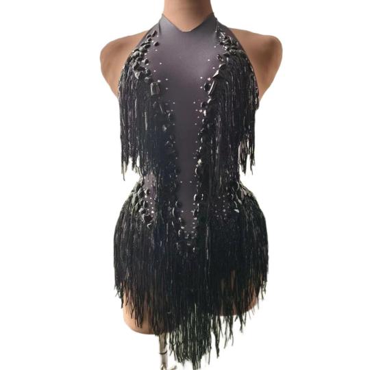 Sparkly Crystals Fringes Bodysuit Sexy Tassel Leotard Jazz Dance Cost