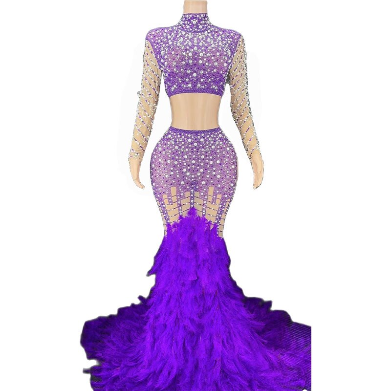Women Purple Sexy Stage Rhinestone Pearls Transparent Feather Train T